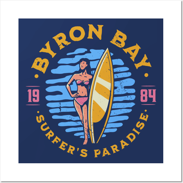 Vintage Byron Bay, Australia Surfer's Paradise // Retro Surfing 1980s Badge Wall Art by Now Boarding